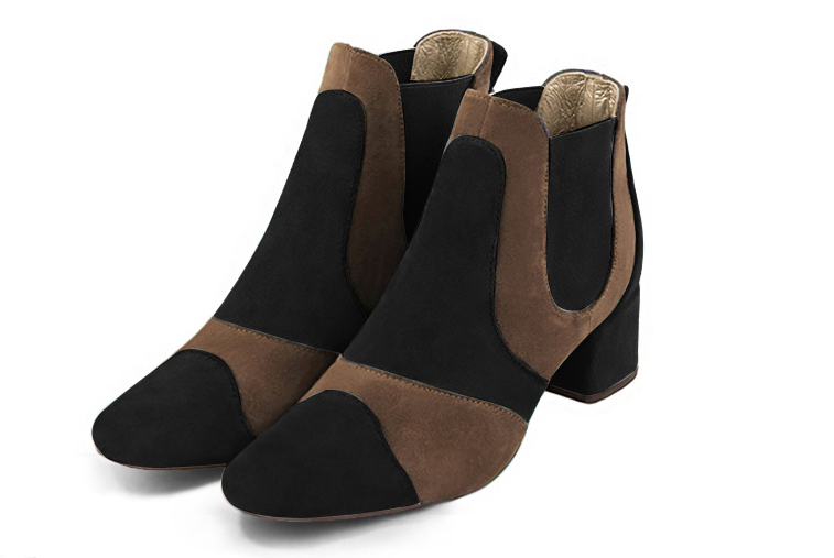 Matt black and chocolate brown women's ankle boots, with elastics. Round toe. Low flare heels. Front view - Florence KOOIJMAN
